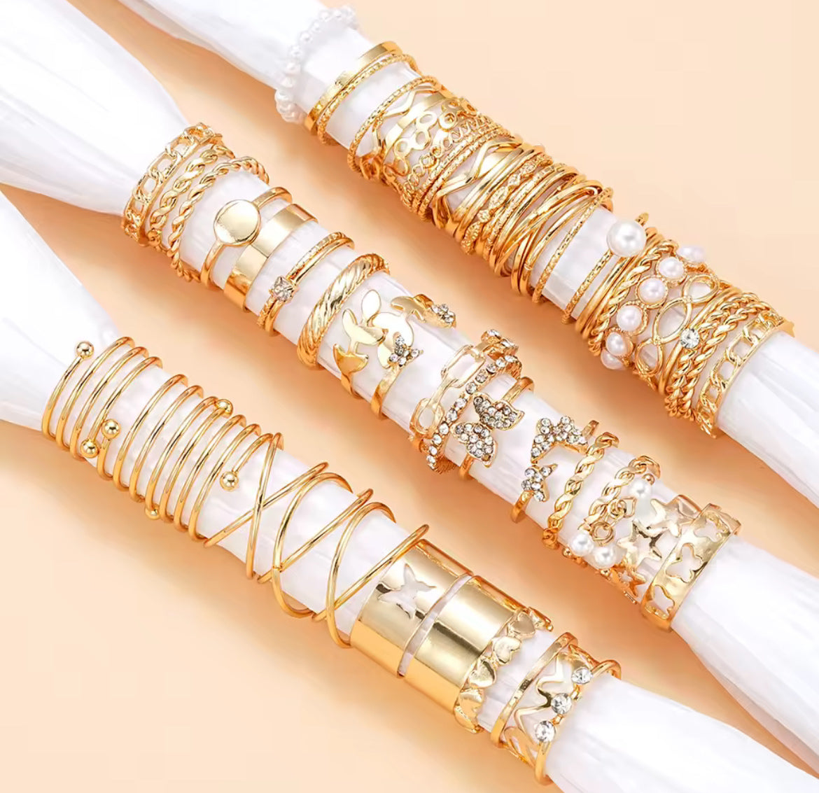 Arvinie 52-Piece Stackable Ring Collection — Gold & Silver Vintage Rings, Zircon Accents