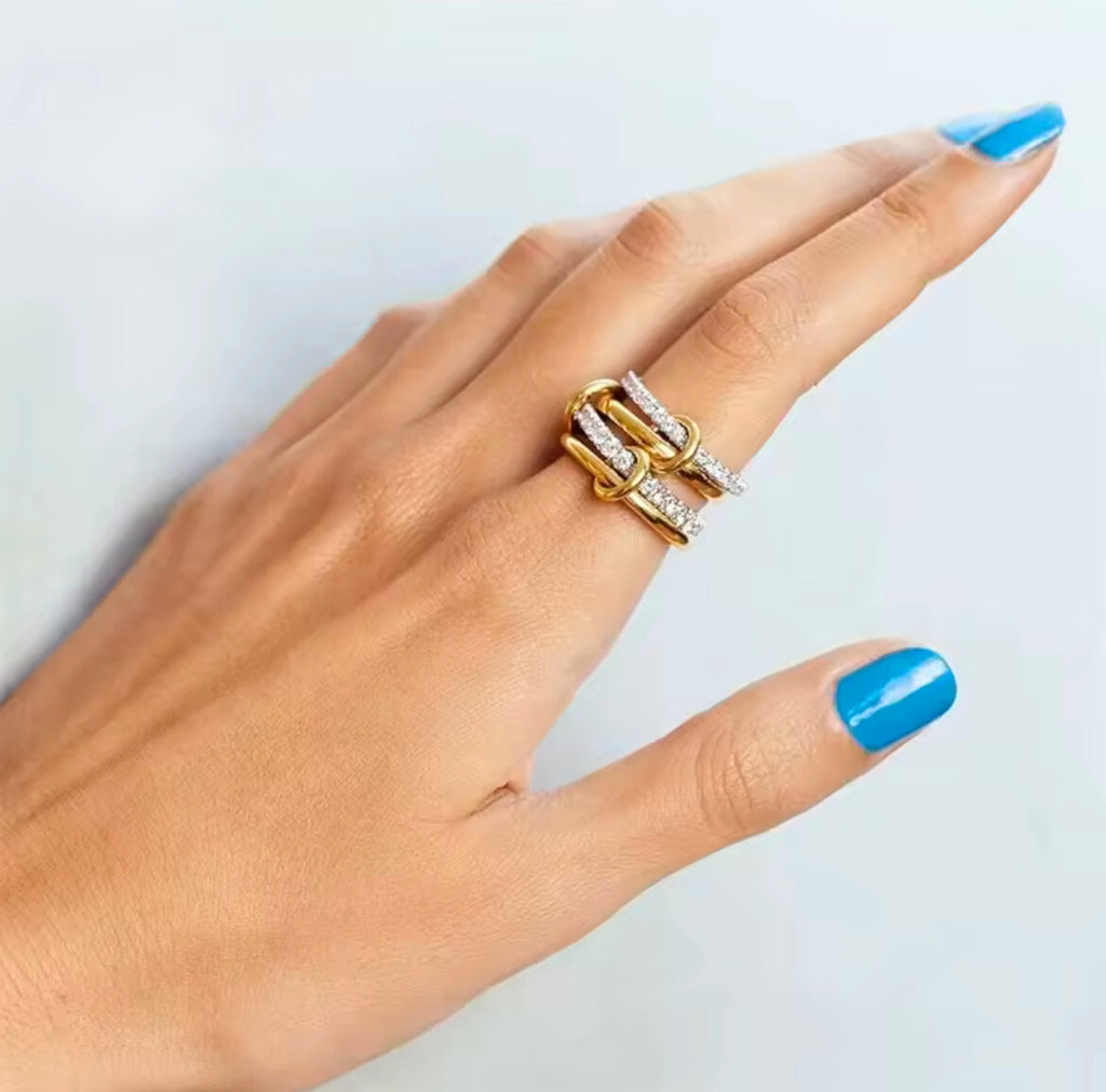 Arvinie Modular Stackable Ring Set — 2–4 Connected Rings in Gold & Silver Tones with Zircon Accents, Adjustable Artful Design