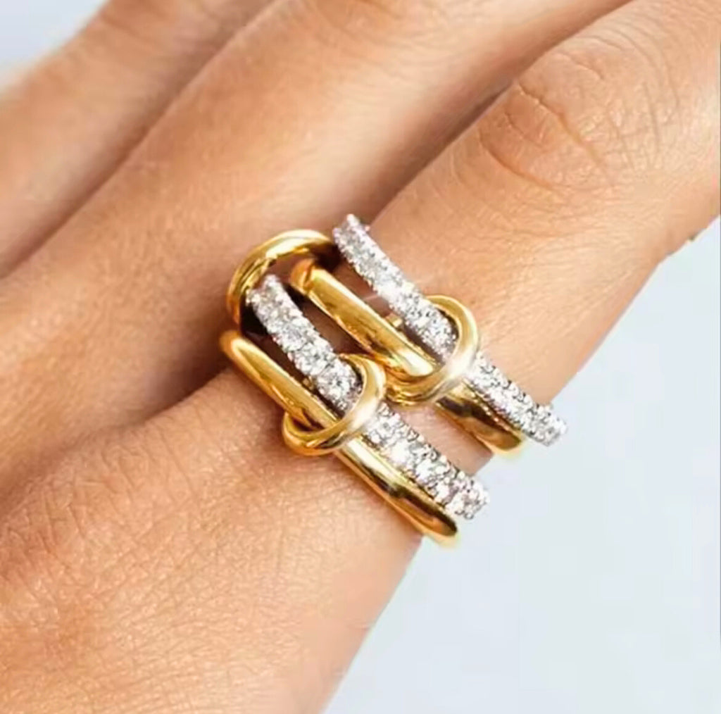 Arvinie Modular Stackable Ring Set — 2–4 Connected Rings in Gold & Silver Tones with Zircon Accents, Adjustable Artful Design